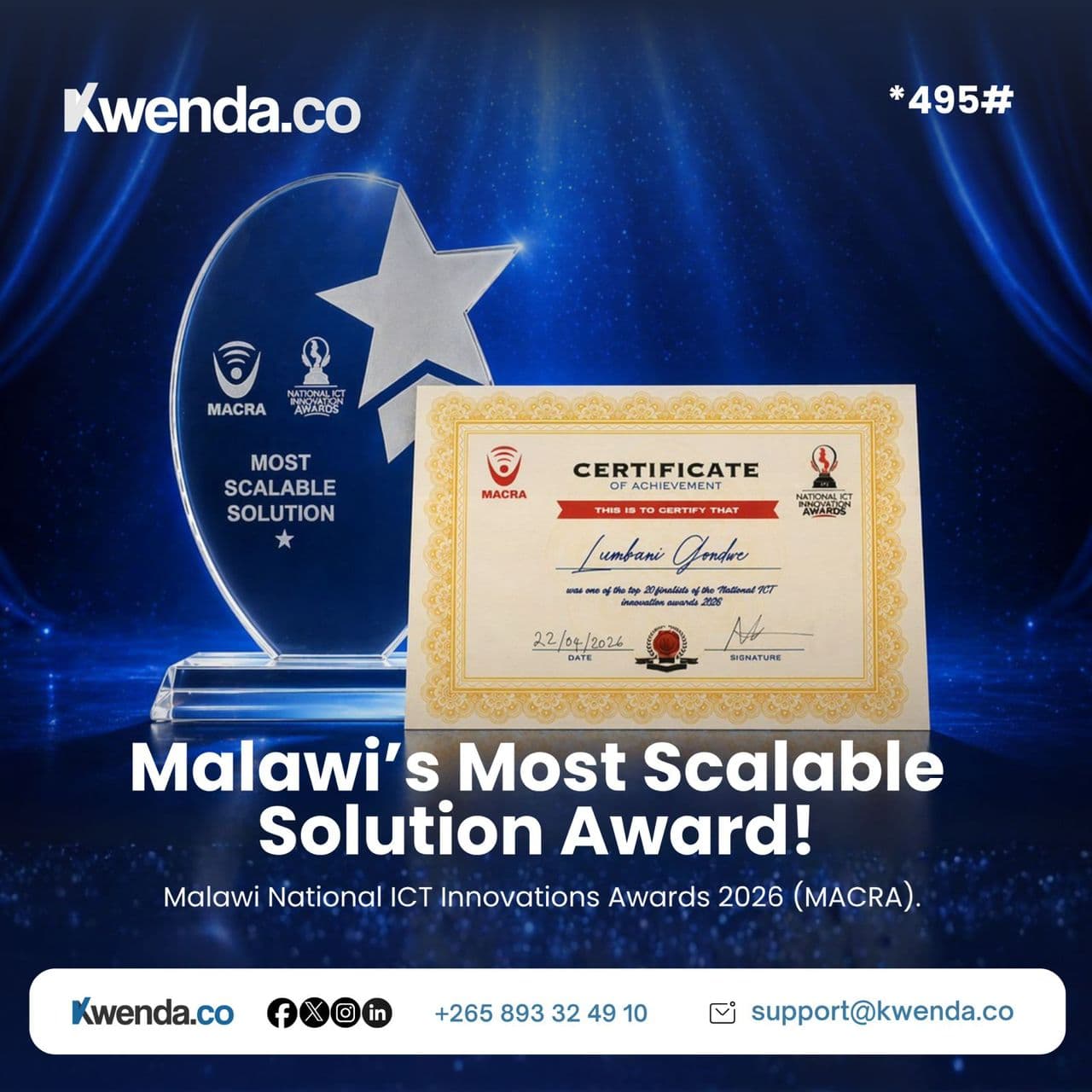 📝 Kwenda Wins ‘Malawi’s Most Scalable Solution’ at the Inaugural Malawi National ICT Innovation Awards -2026 🇲🇼🏆